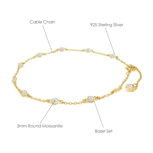 SAVEARTH DIAMONDS Station Anklet Bracelet For Women 3MM Round Lab Created Moissanite Bezel Set Single Piece Dainty Link Chain Anklet 10" in 14K Yellow Gold Plated 925 Sterling Silver Fine Jewelry Gift for Her - Image 2