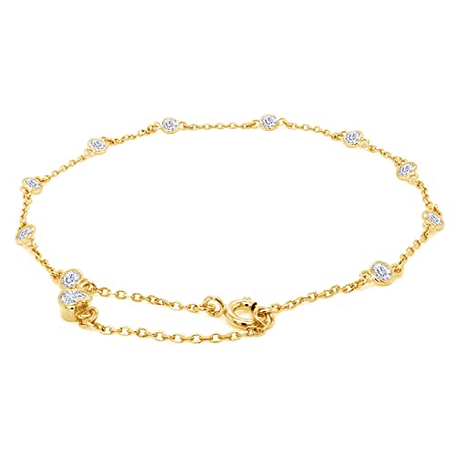 SAVEARTH DIAMONDS Station Anklet Bracelet For Women 3MM Round Lab Created Moissanite Bezel Set Single Piece Dainty Link Chain Anklet 10" in 14K Yellow Gold Plated 925 Sterling Silver Fine Jewelry Gift for Her - Image 3