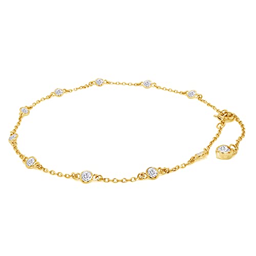 SAVEARTH DIAMONDS Station Anklet Bracelet For Women 3MM Round Lab Created Moissanite Bezel Set Single Piece Dainty Link Chain Anklet 10" in 14K Yellow Gold Plated 925 Sterling Silver Fine Jewelry Gift for Her - Image 1