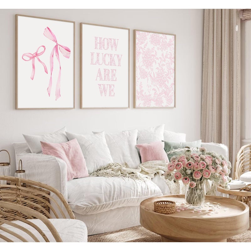Pennclys Pink Bow Floral Wall Art Preppy Aesthetic Canvas Wall Decor Trendy Coquette Posters Pink Bow Pictures Chinoiserie Flower Prints Painting for Girls Dorm College Apartment 12x16 Inch Unframed Set of 3 - Image 4