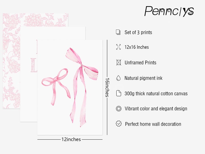 Pennclys Pink Bow Floral Wall Art Preppy Aesthetic Canvas Wall Decor Trendy Coquette Posters Pink Bow Pictures Chinoiserie Flower Prints Painting for Girls Dorm College Apartment 12x16 Inch Unframed Set of 3 - Image 2