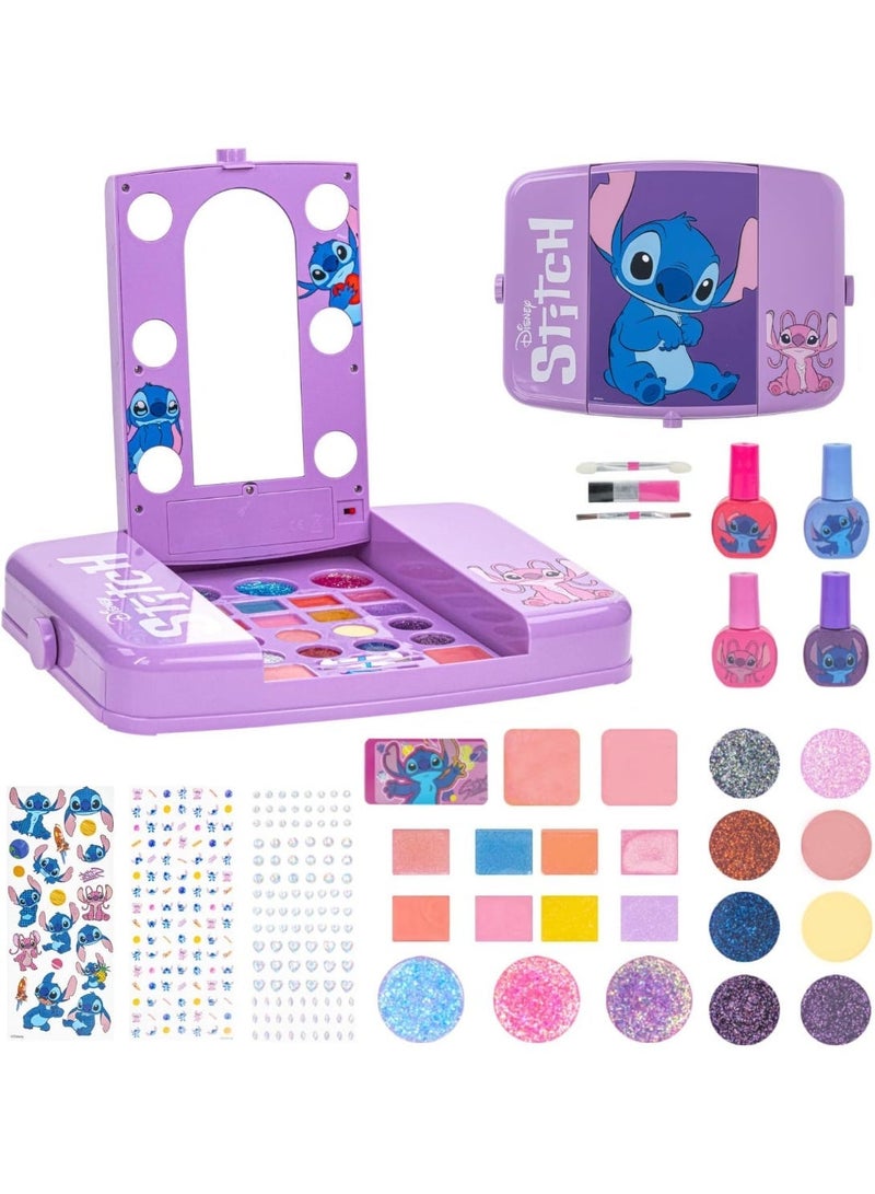 Disney Stitch Beauty Vanity Set with Light-Up Mirror, Includes Lip Gloss, Eyeshadow, Blush, Brushes, Nail Polish, Accessories, Batteries Not Included, Ages 6+, for Gift-Giving, by Townley Girl - Image 1