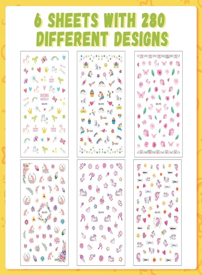 SeseBee Kids Nail Art Decals, 6 Sheets 280 Designs Self-Adhesive 3D Stickers, Cute Unicorn Nail Decorations for Girls Women, Gift (Candy Unicorn) - Image 2