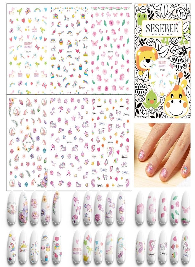SeseBee Kids Nail Art Decals, 6 Sheets 280 Designs Self-Adhesive 3D Stickers, Cute Unicorn Nail Decorations for Girls Women, Gift (Candy Unicorn) - Image 1