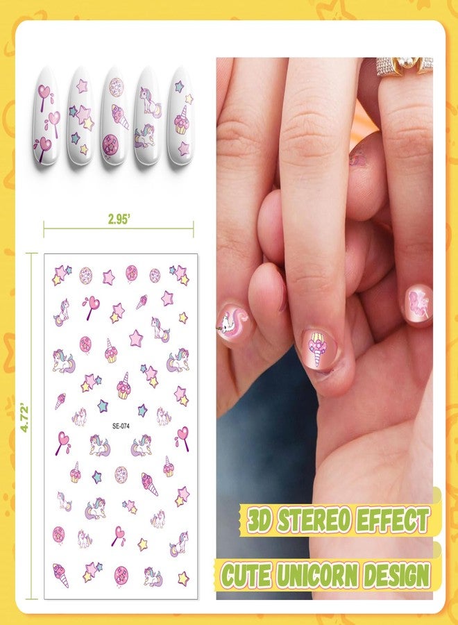 SeseBee Kids Nail Art Decals, 6 Sheets 280 Designs Self-Adhesive 3D Stickers, Cute Unicorn Nail Decorations for Girls Women, Gift (Candy Unicorn) - Image 3