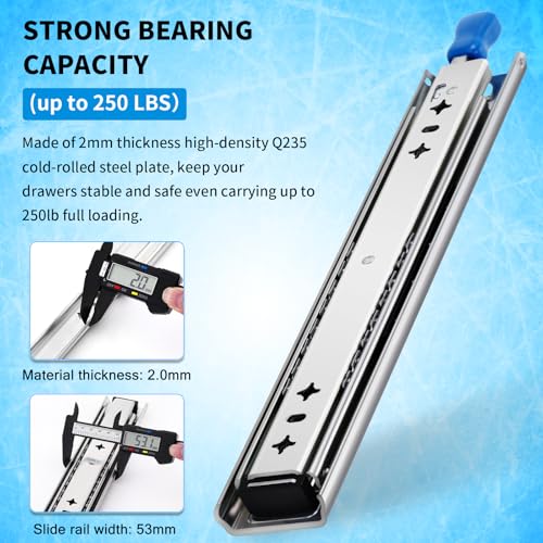 YENUO Heavy Duty Locking Drawer Slides Full Extension Runners with Lock 12 14 16 18 20 22 24 26 28 30 32 34 36 38 40 Inch Side Mount Ball Bearing Rails Track Glides 250 Lbs 1 Pair(W:53mm, 12 Inch) - Image 3