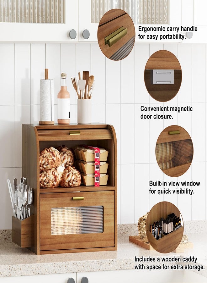 TQVAI Roll Top Bread Box for Kitchen Countertop, Keep Fresh Longer, Easy to Maintenance, Double Layer Vintage Wooden Breadbox with Window for Homemade Bread, Sandwich Loaves, Baked Goods (Retro Brown) - Image 5