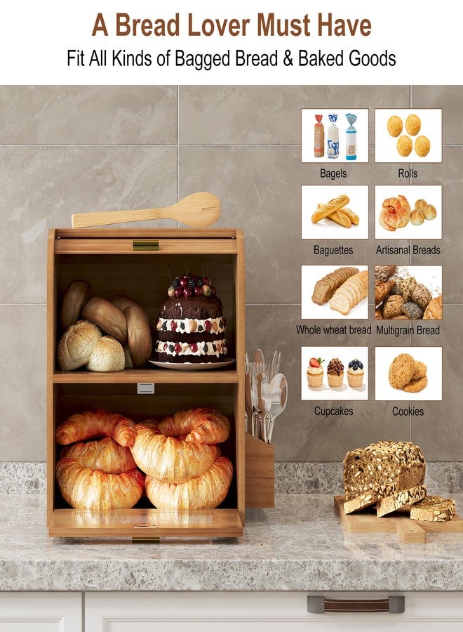TQVAI Roll Top Bread Box for Kitchen Countertop, Keep Fresh Longer, Easy to Maintenance, Double Layer Vintage Wooden Breadbox with Window for Homemade Bread, Sandwich Loaves, Baked Goods (Retro Brown) - Image 4