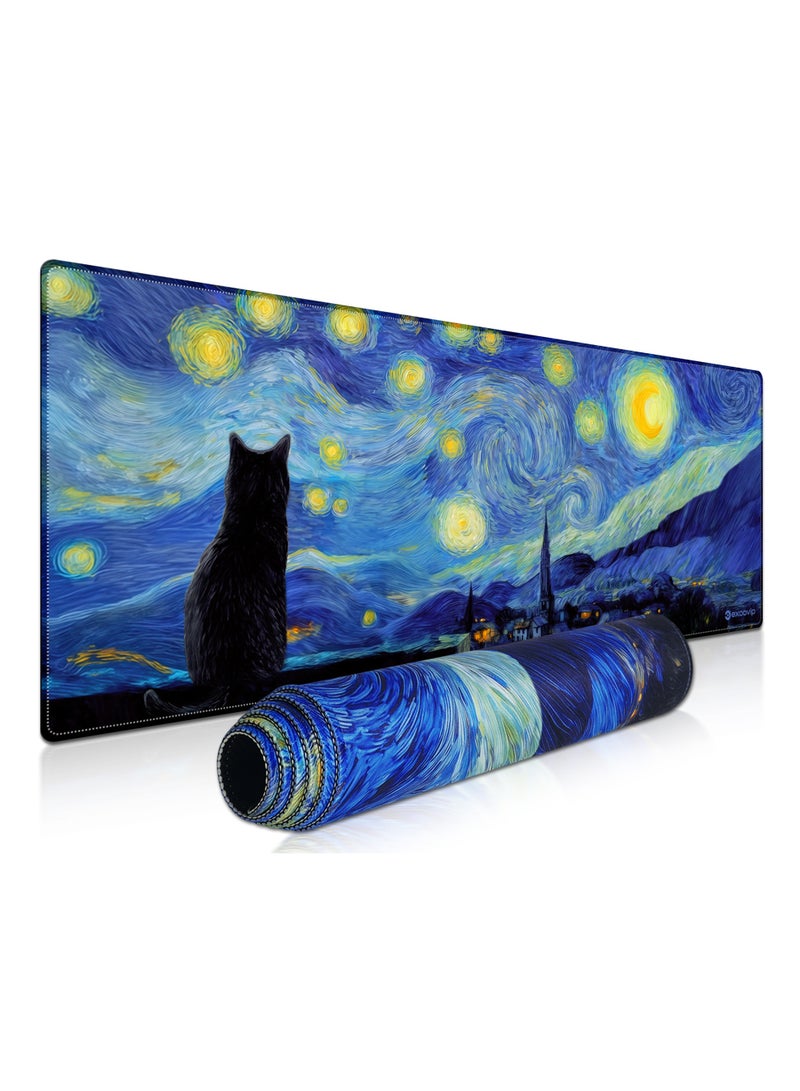 excovip Starry Night Cat Gaming Mouse Pad XL Large Mouse Mat Extended Keyboard Mouse Pad Anime Mousepad with Non-Slip Base and Stitched Edge Mouse Mat for Desk Home Office Gaming 800x300mm - Image 1