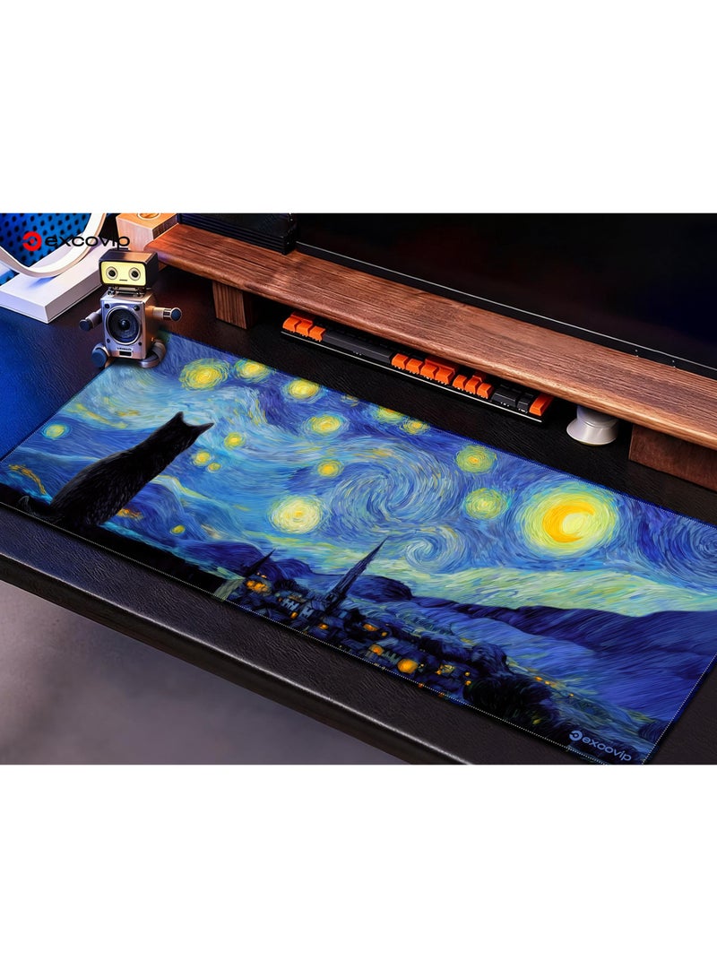 excovip Starry Night Cat Gaming Mouse Pad XL Large Mouse Mat Extended Keyboard Mouse Pad Anime Mousepad with Non-Slip Base and Stitched Edge Mouse Mat for Desk Home Office Gaming 800x300mm - Image 3