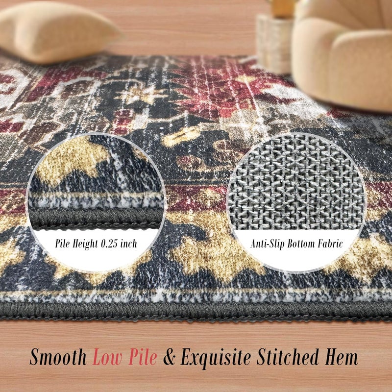 RUGSURE Washable Area Rugs - Perfect for Living Room, Bedroom, Kids Room, Nursery - Stain & Water Resistant Non-Slip, Pet & Child Friendly, Vintage Tribal Area Rugs (Rust, 5' x 7') - Image 3