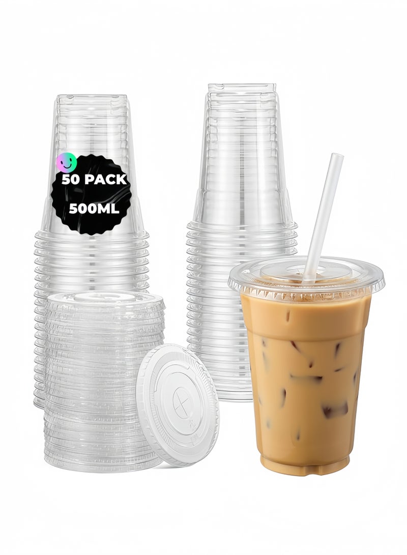 50 أكواب بلاستيكية شفافة مع غطاء، سعة 500 مل أكواب قابلة للتصرف مع فتحات للشفاطة، مناسبة للمشروبات الباردة، الميلك شيك، السموثي، قهوة مثلجة، والمشروبات الجاهزة - Image 1