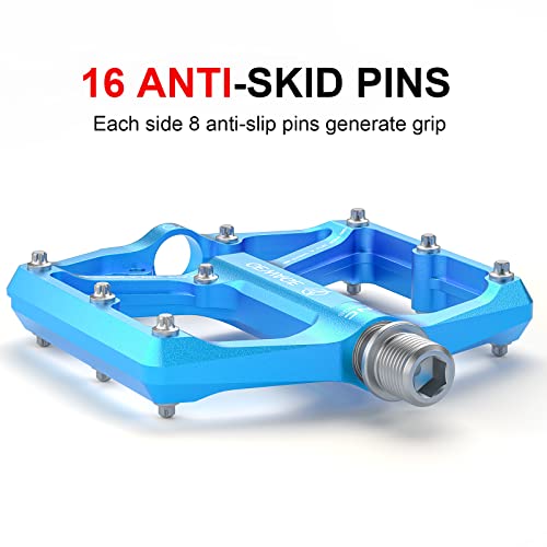 GEWAGE Road/Mountain Bike Pedals - 3 Bearings Bicycle Pedals - 9/16” CNC Machined Flat Pedals with Removable Anti-Skid Nails (Blue) - Image 3