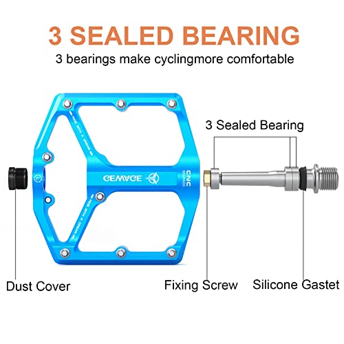 GEWAGE Road/Mountain Bike Pedals - 3 Bearings Bicycle Pedals - 9/16” CNC Machined Flat Pedals with Removable Anti-Skid Nails (Blue) - Image 4