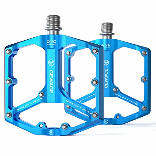 GEWAGE Road/Mountain Bike Pedals - 3 Bearings Bicycle Pedals - 9/16” CNC Machined Flat Pedals with Removable Anti-Skid Nails (Blue) - Image 1