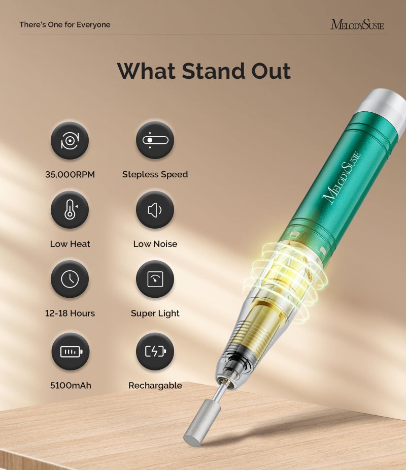 Melodysusie Nail Drill Professional Brushless MB450C, 35,000RPM Portable Electric Nail File, Cordless Efile Nail Drill Machine for Gel Nails, Rechargeable E Filer Kit with 8 Bits, Jade Plus, Green - Image 2