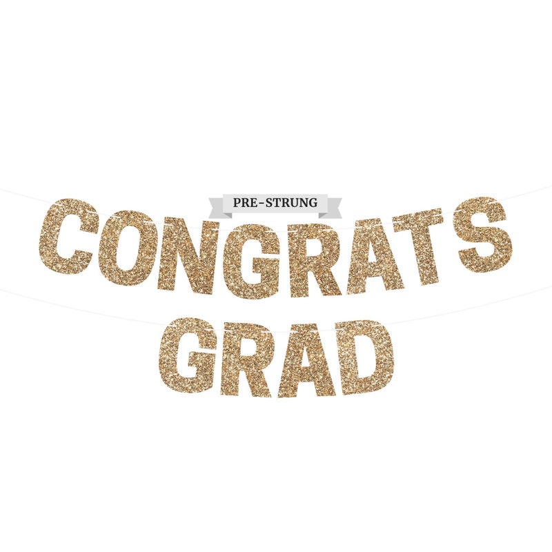 Perfect Occasion Prestrung Congrats Grad Banner No DIY Gold Glitter Graduation Party Banner Prestrung Garland on 8 ft Strand Gold Grad Congrats Class of 2026 Party Decorations Decor Did We Mention No DIY - Image 2