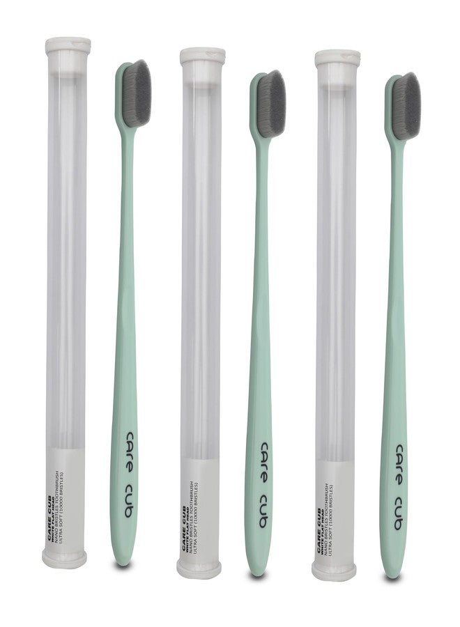 CARE CUB CARECUB Green Flat Head Ultra Soft-Bristles Micro Nano 10,000 Bristle Good Cleaning Effect For Sensitive Teeth Oral Gum,Manual Toothbrush For Adults Pack Of 3 - Image 1