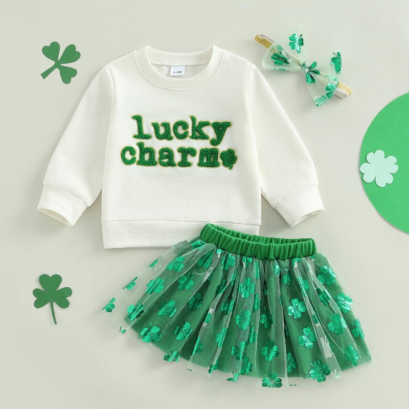 Amnnchya Toddler Baby Girl St Patricks Day Outfit Little Girl Clothes Skirt Set Lucky Charm Sweatshirt Clover Tutu Dress (Green, 2-3T) - Image 2
