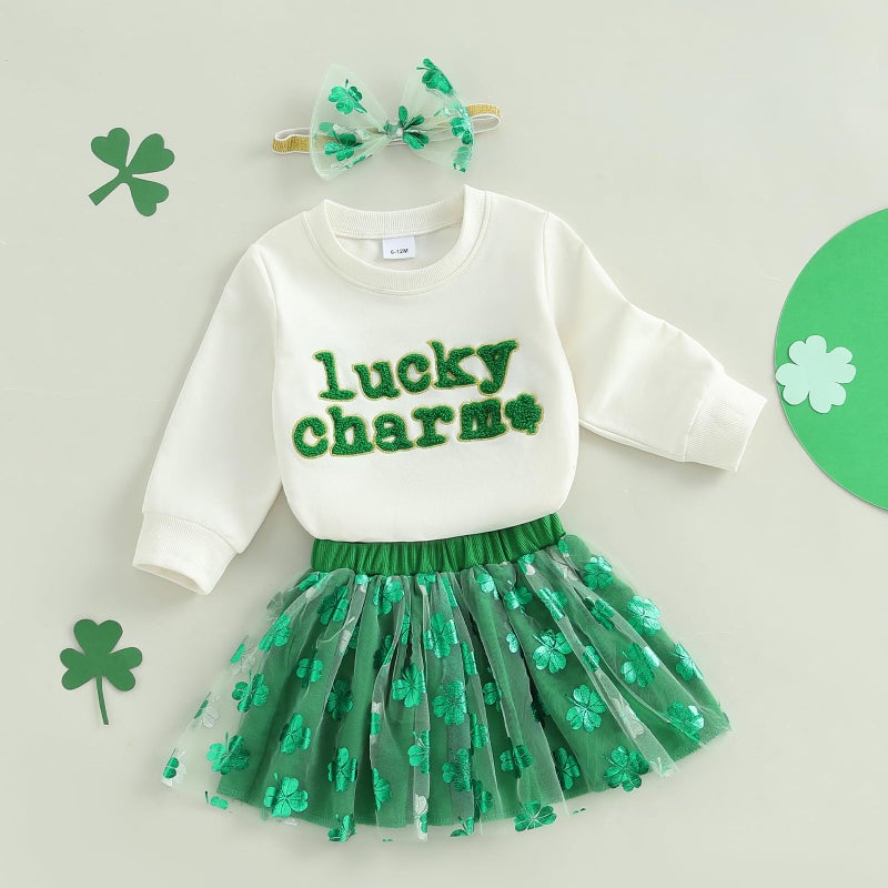 Amnnchya Toddler Baby Girl St Patricks Day Outfit Little Girl Clothes Skirt Set Lucky Charm Sweatshirt Clover Tutu Dress (Green, 2-3T) - Image 3
