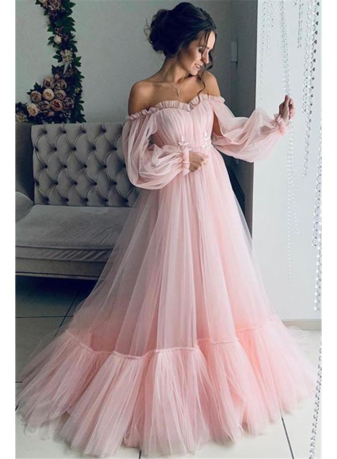 New European And American Women's Off-shoulder Mesh Long Sleeve Wedding Dress Large Swing Dress New