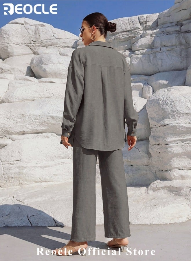 REOCLE Women's Cotton Linen Set Comfortable and Breathable Retro Outfits Button Down Long Sleeve Shirt and High Waist Wide Leg Pants Set - Image 2