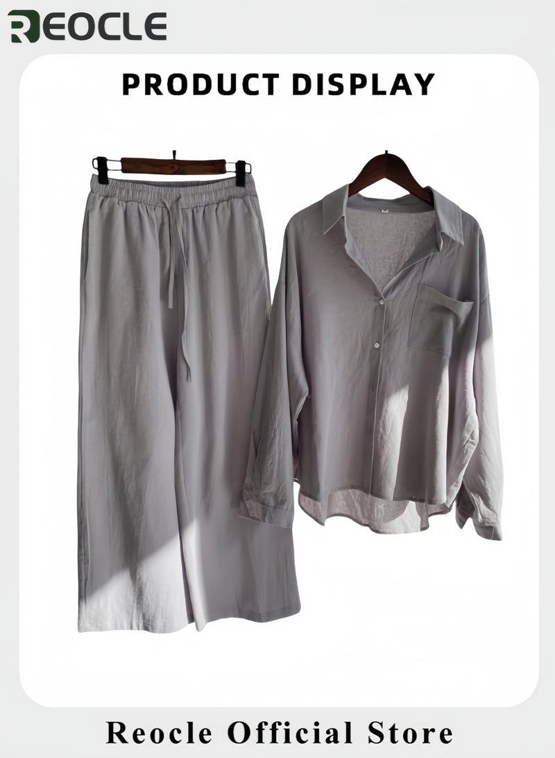 REOCLE Women's Cotton Linen Set Comfortable and Breathable Retro Outfits Button Down Long Sleeve Shirt and High Waist Wide Leg Pants Set - Image 3