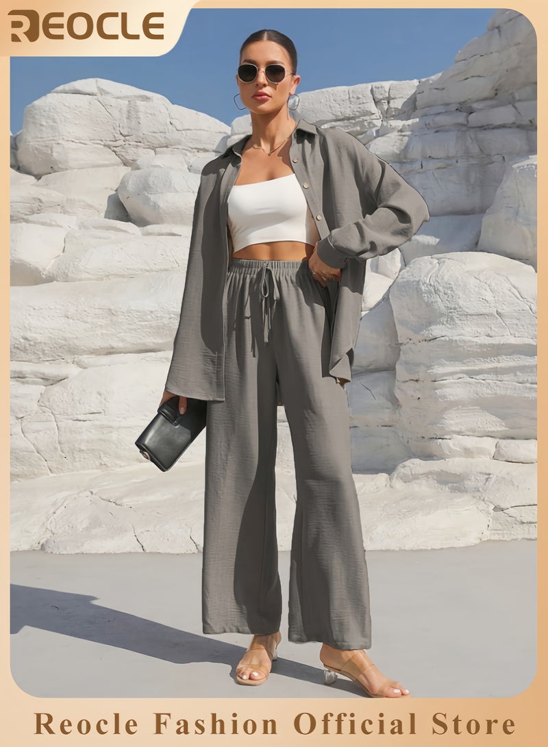 REOCLE Women's Cotton Linen Set Comfortable and Breathable Retro Outfits Button Down Long Sleeve Shirt and High Waist Wide Leg Pants Set - Image 1