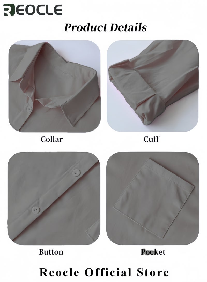 REOCLE Women's Cotton Linen Set Comfortable and Breathable Retro Outfits Button Down Long Sleeve Shirt and High Waist Wide Leg Pants Set - Image 5