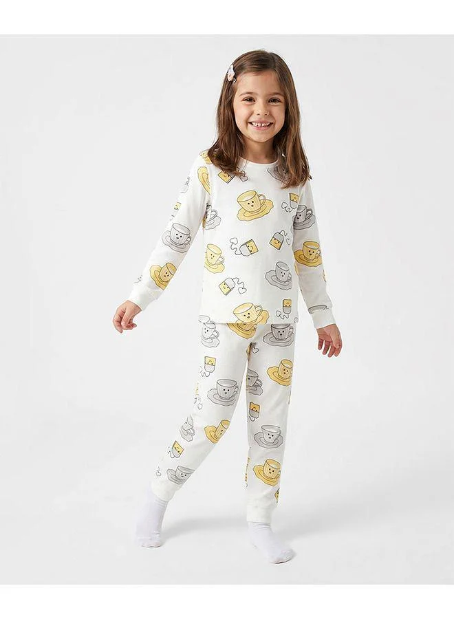 Primo Gino Primo Gino 100% Cotton Knit Full Sleeves Pajama Set with Tea Cup Print - White