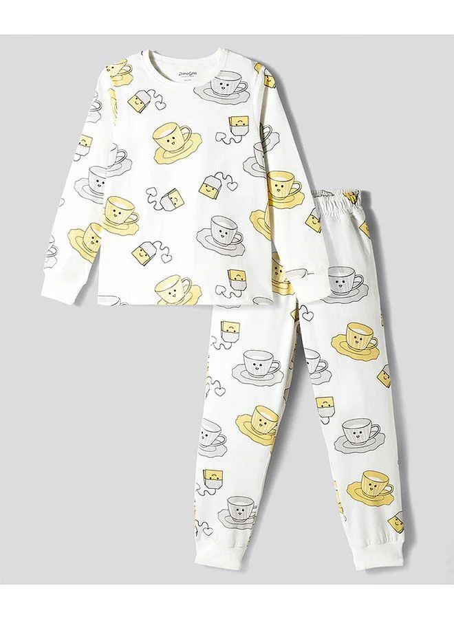 Primo Gino Primo Gino 100% Cotton Knit Full Sleeves Pajama Set with Tea Cup Print - White