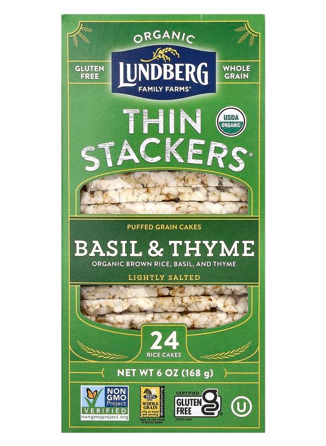 Lundberg Organic Thin Stackers Puffed Grain Cakes Basil & Thyme Lightly Salted 24 Rice Cakes 6 oz (168 g) 