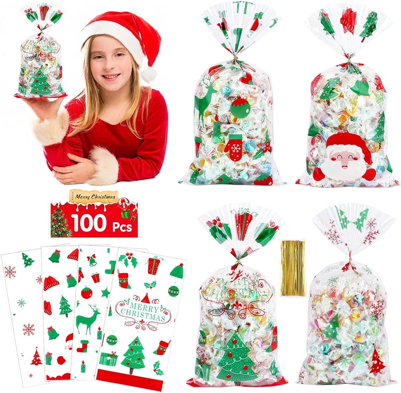 Konsait أكياس سيلوفان عيد الميلاد من كونسايت 100 قطعة أكياس حلوى و بسكويت واضحة مع روابط ملتوية لمخبز البسكويت والشوكولاتة والوجبات الخفيفة أكياس هدايا عيد الميلاد لوازم حفلات عيد الميلاد - Image 1