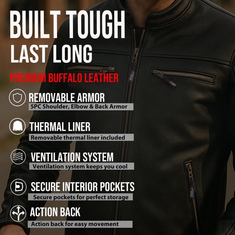 Jackets 4 Bikes REVOLT Men's Motorcycle Jacket, Natural Buffalo Leather, CE Armor - Ventilation, Cruiser Motorbiker Touring Biker Black L - Image 4