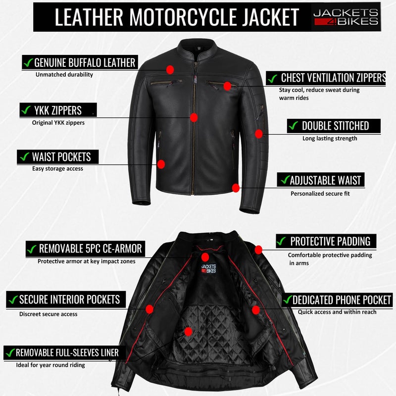 Jackets 4 Bikes REVOLT Men's Motorcycle Jacket, Natural Buffalo Leather, CE Armor - Ventilation, Cruiser Motorbiker Touring Biker Black L - Image 5