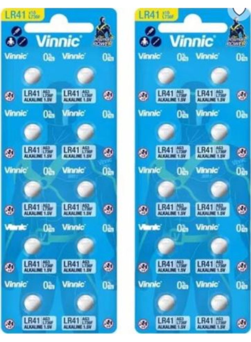 عبوة من 20 بطارية قلوية Vinnic AG3 (L736F) (LR41) بجهد 1.5 فولت وخالية من الزئبق (0% Hg)