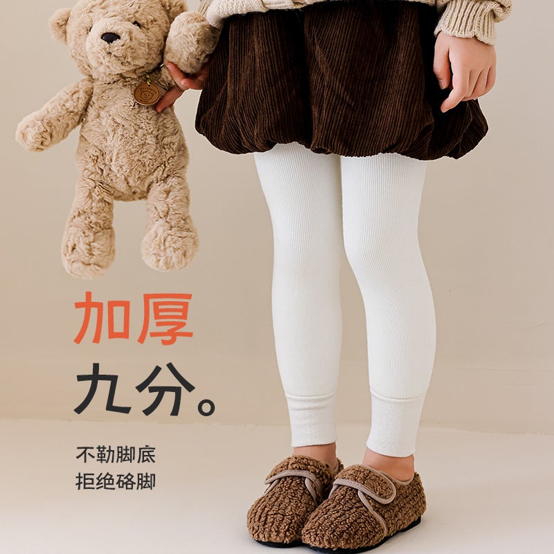 Girls' Leggings Thickened Warm Children'S Pinstripe Nine-Point Winter Baby Outer Wear Fleece-Lined Leggings - Image 3