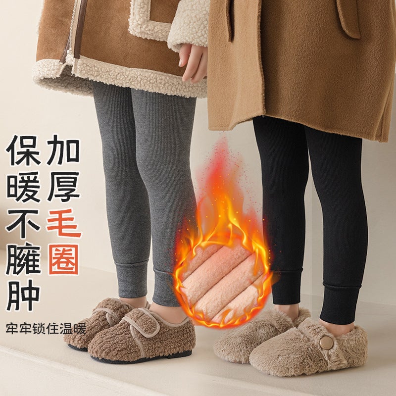 Girls' Leggings Thickened Warm Children'S Pinstripe Nine-Point Winter Baby Outer Wear Fleece-Lined Leggings - Image 2