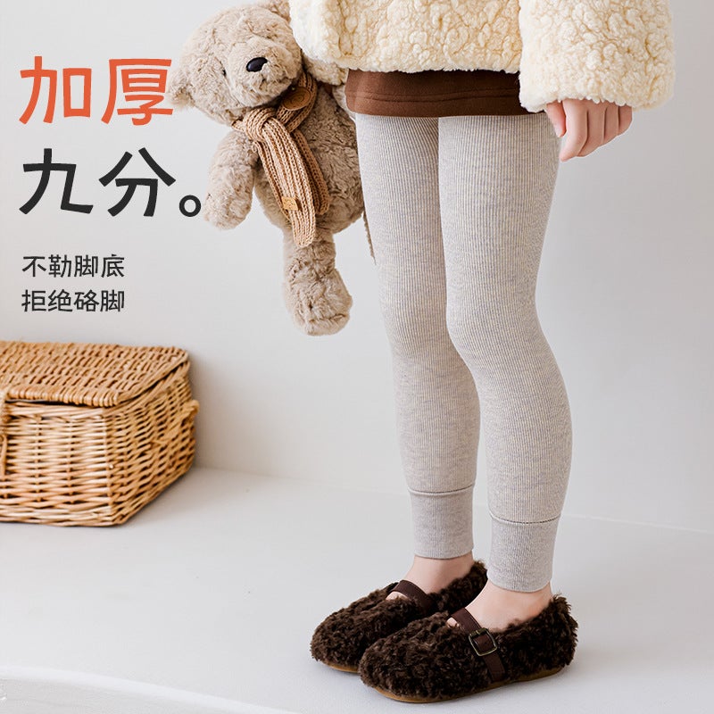 Girls' Leggings Thickened Warm Children'S Pinstripe Nine-Point Winter Baby Outer Wear Fleece-Lined Leggings - Image 4