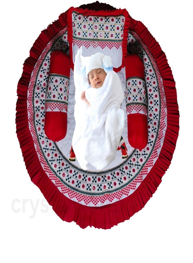 CRYSTA WORLD Traditional Cotton Baby Bedding Set with 1 Square Pillow, 2 Round Pillows, Red and White, New Born Baby & in Portable Bassinet for Baby Carrying &Sleeping,0-12 Months (Pack of 4 Piece) - Image 3