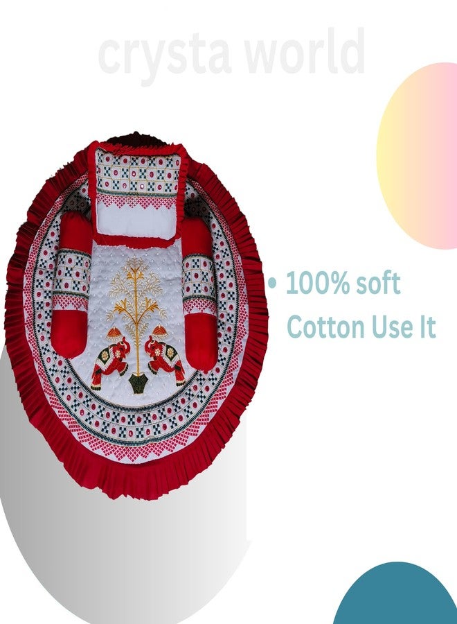 CRYSTA WORLD Traditional Cotton Baby Bedding Set with 1 Square Pillow, 2 Round Pillows, Red and White, New Born Baby & in Portable Bassinet for Baby Carrying &Sleeping,0-12 Months (Pack of 4 Piece) - Image 4