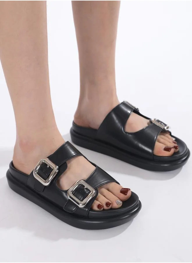 سنيك ايه بيك Comfort Double Buckle Flatform Sandals by Styli