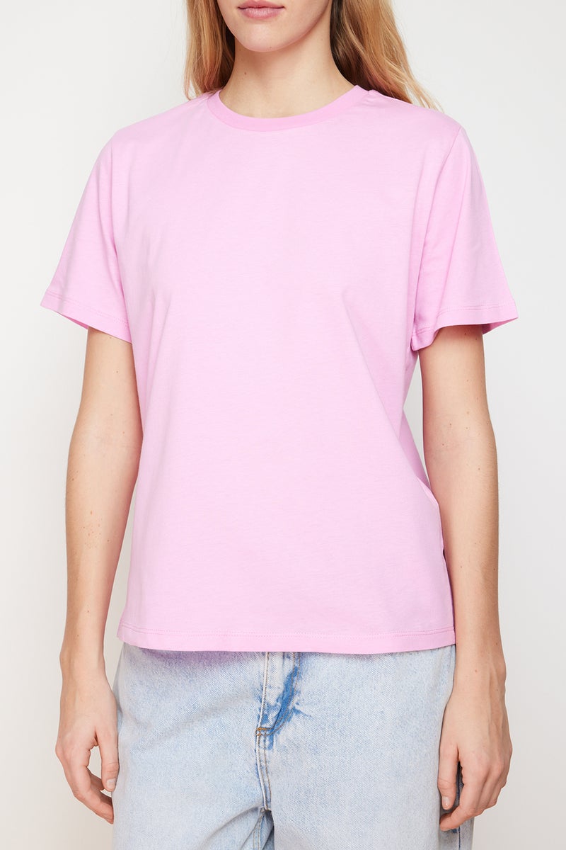 trendyol Pink 100% Cotton Basic Crew Neck Knitted T-Shirt TWOSS23TS00000 - Image 4