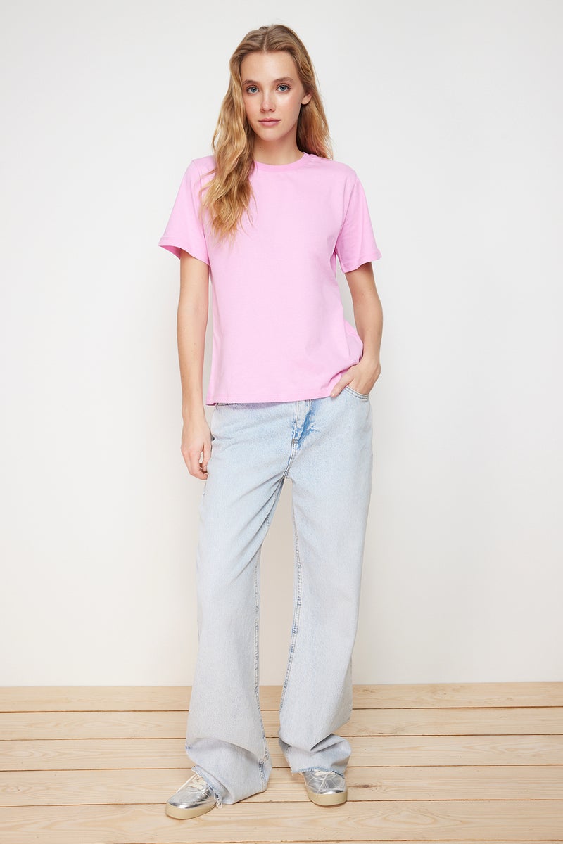 trendyol Pink 100% Cotton Basic Crew Neck Knitted T-Shirt TWOSS23TS00000 - Image 2