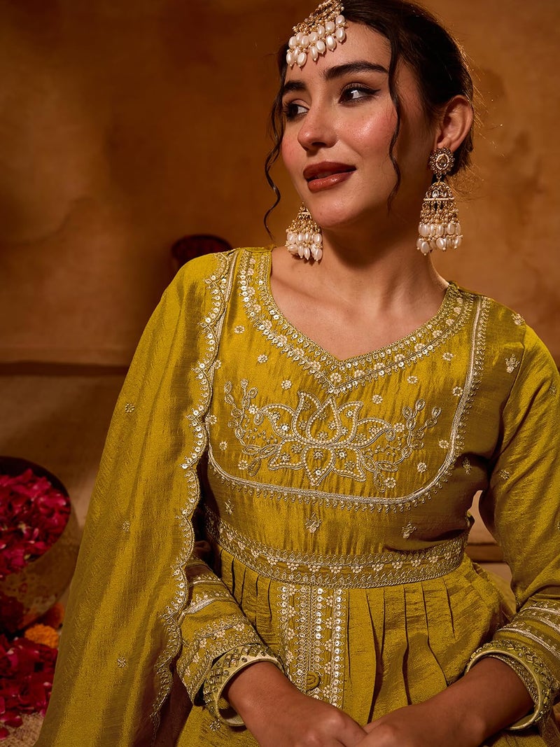 Naixa Women's Vichitra Silk Siquinned Embroidered Flared Kurta with Pant and Dupatta Sets (NX-786-Mustard-L) - Image 5