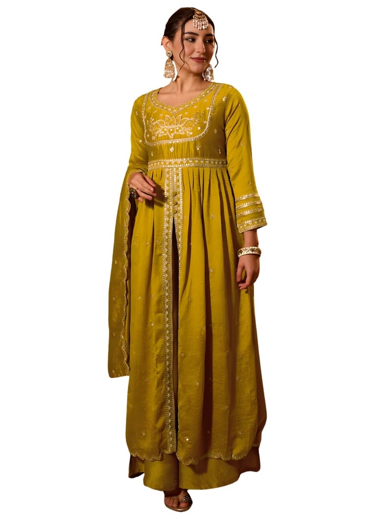 Naixa Women's Vichitra Silk Siquinned Embroidered Flared Kurta with Pant and Dupatta Sets (NX-786-Mustard-L) - Image 1