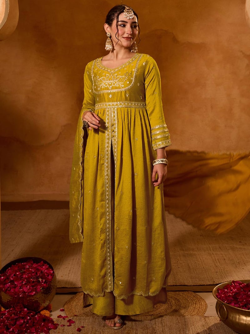 Naixa Women's Vichitra Silk Siquinned Embroidered Flared Kurta with Pant and Dupatta Sets (NX-786-Mustard-L) - Image 2