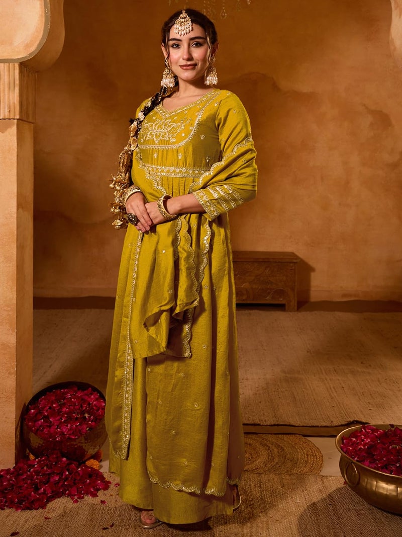 Naixa Women's Vichitra Silk Siquinned Embroidered Flared Kurta with Pant and Dupatta Sets (NX-786-Mustard-L) - Image 3