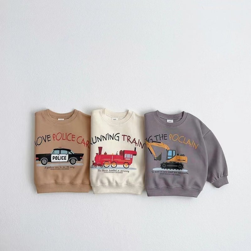 Korean Style Ins Round Neck Cartoon Sweater Car Train Excavator Printed Men'S And Women'S Baby Terry Top - Image 2