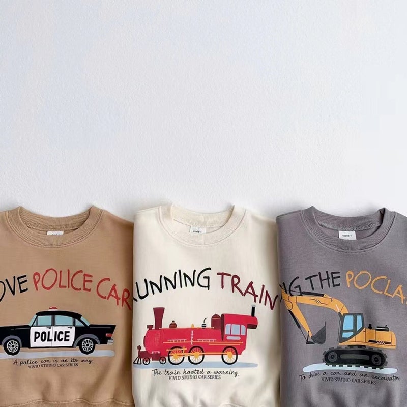 Korean Style Ins Round Neck Cartoon Sweater Car Train Excavator Printed Men'S And Women'S Baby Terry Top - Image 3